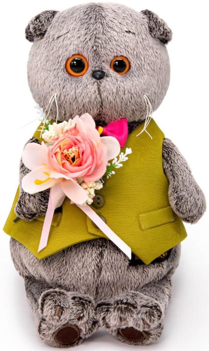 Мягкая игрушка «Басик в жилете и с букетом», 19 см