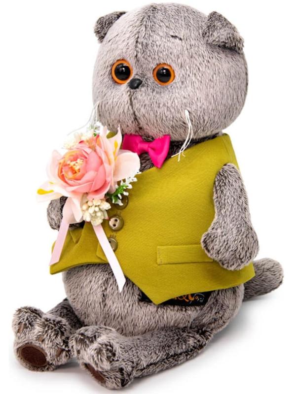 Мягкая игрушка «Басик в жилете и с букетом», 19 см