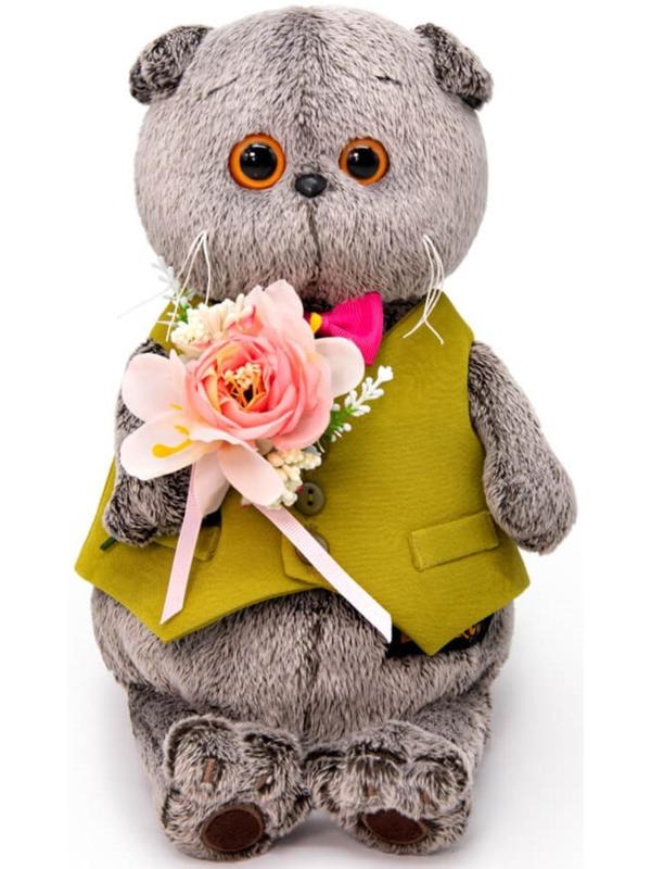 Мягкая игрушка «Басик в жилете и с букетом», 19 см