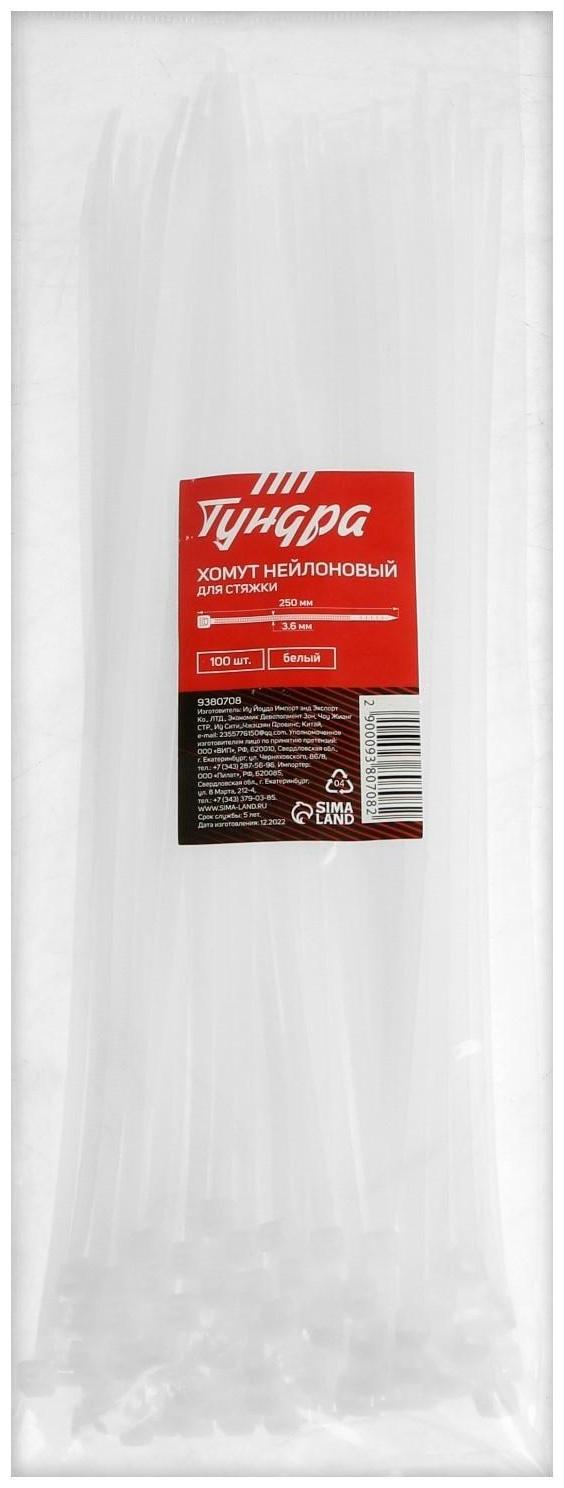 Хомут нейлоновый ТУНДРА krep,  для стяжки, 3.6х250 мм, белый, в упаковке 100 шт.