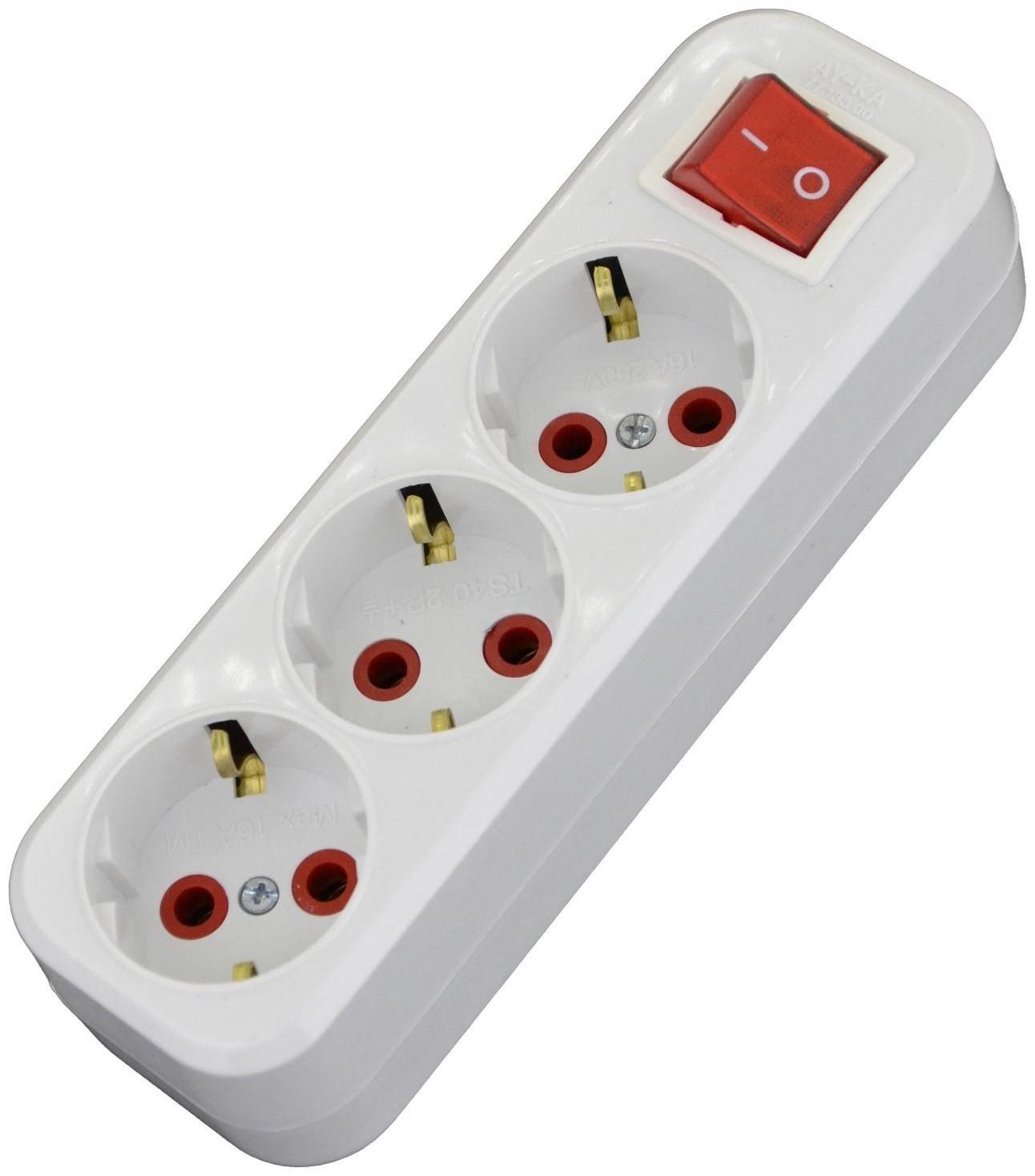 Разветвитель AY-KA на 3 розетки прямой с выключателем с/з белый