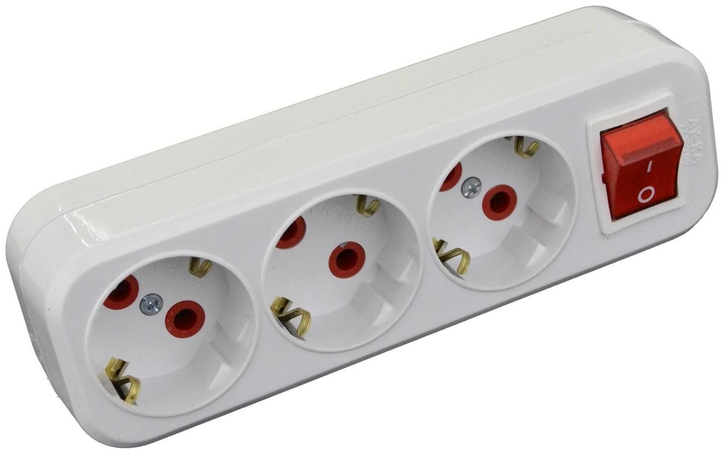 Разветвитель AY-KA на 3 розетки прямой с выключателем с/з белый