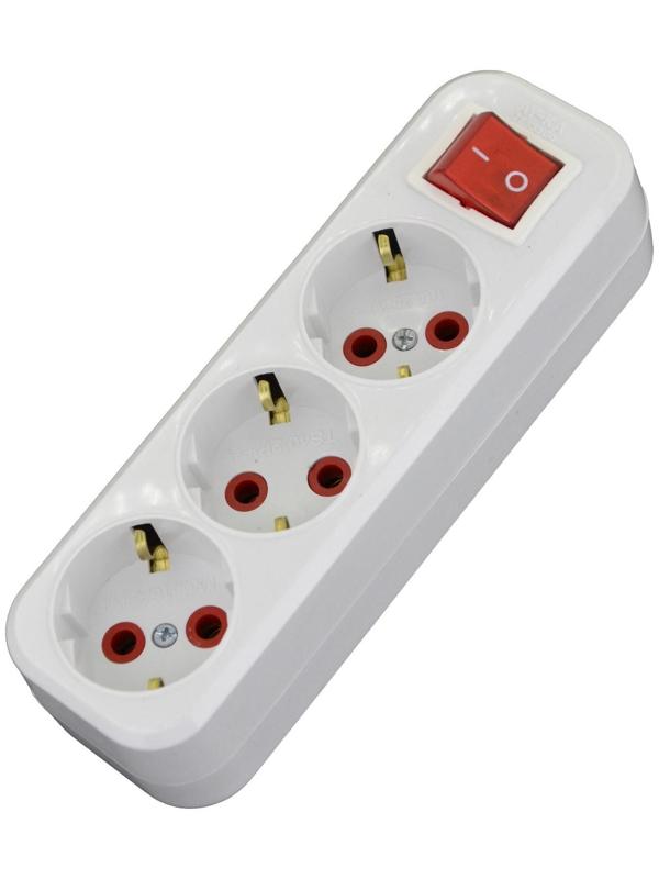 Разветвитель AY-KA на 3 розетки прямой с выключателем с/з белый