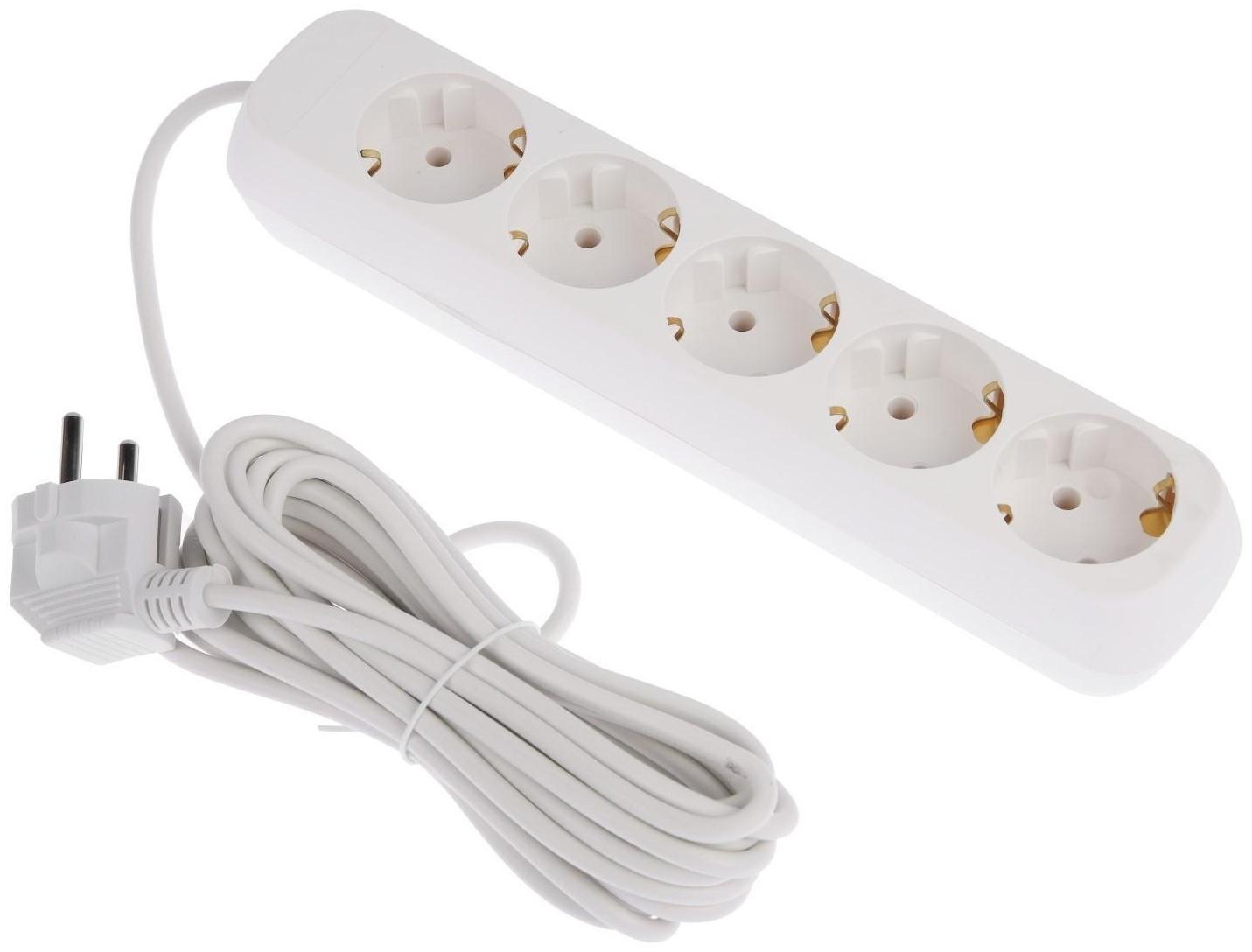 Удлинитель 5 розеток, 5 м, 10 А, 2200 Вт, ПВС 3х0.75 мм2, с з/к, белый