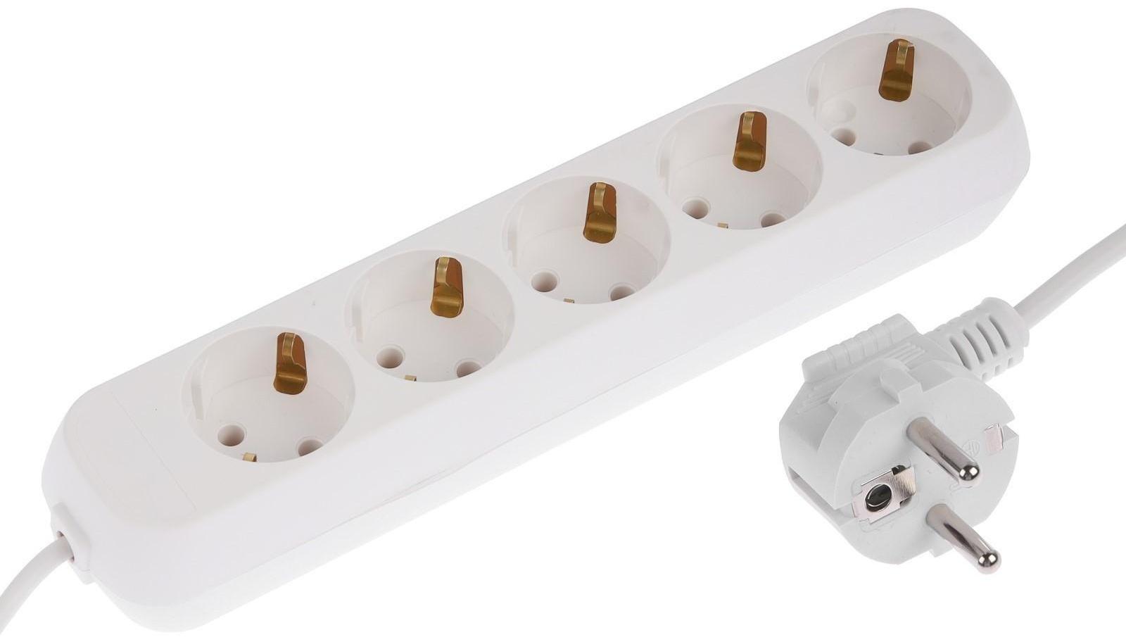 Удлинитель 5 розеток, 5 м, 10 А, 2200 Вт, ПВС 3х0.75 мм2, с з/к, белый