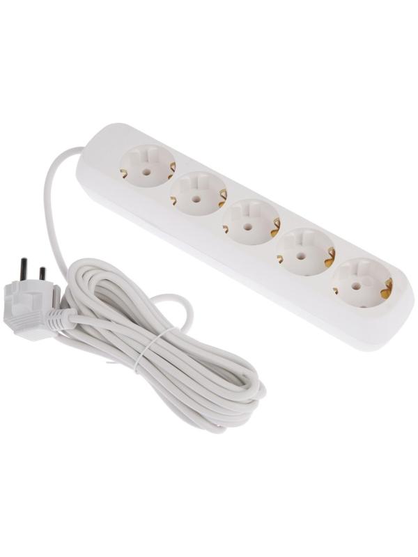 Удлинитель 5 розеток, 5 м, 10 А, 2200 Вт, ПВС 3х0.75 мм2, с з/к, белый