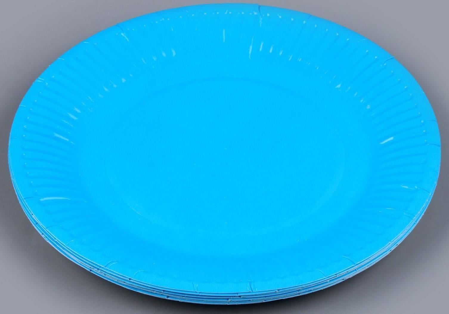 Тарелка бумажная однотонная, голубой цвет 18 см, набор 10 штук