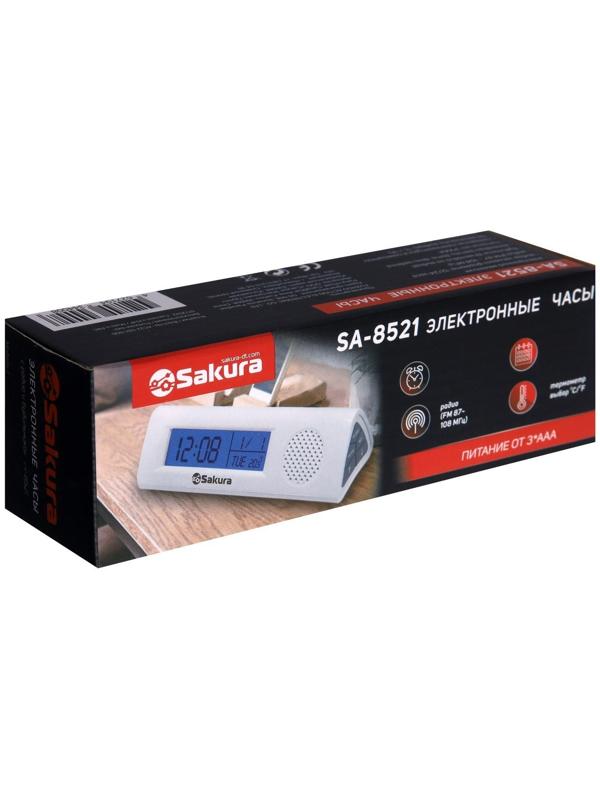 Часы-будильник Sakura SA-8521, электронные, будильник, радио, фонарь, 3хААА, белые