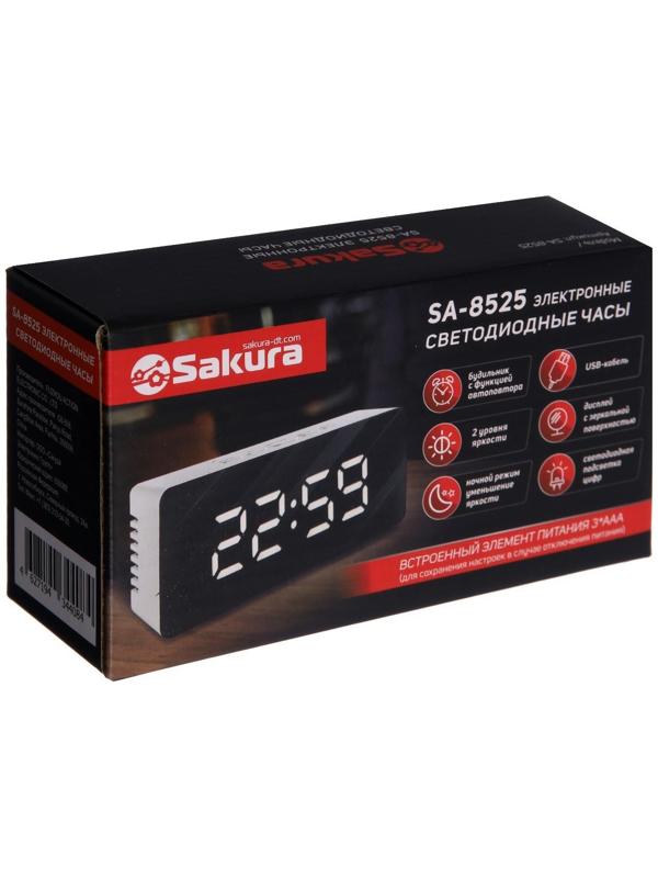 Часы-будильник Sakura SA-8525, электронные, будильник, 3хААА, белые