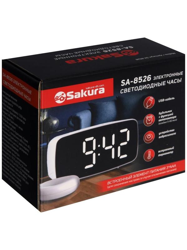 Часы-будильник Sakura SA-8526, электронные, будильник, 3хААА, белые