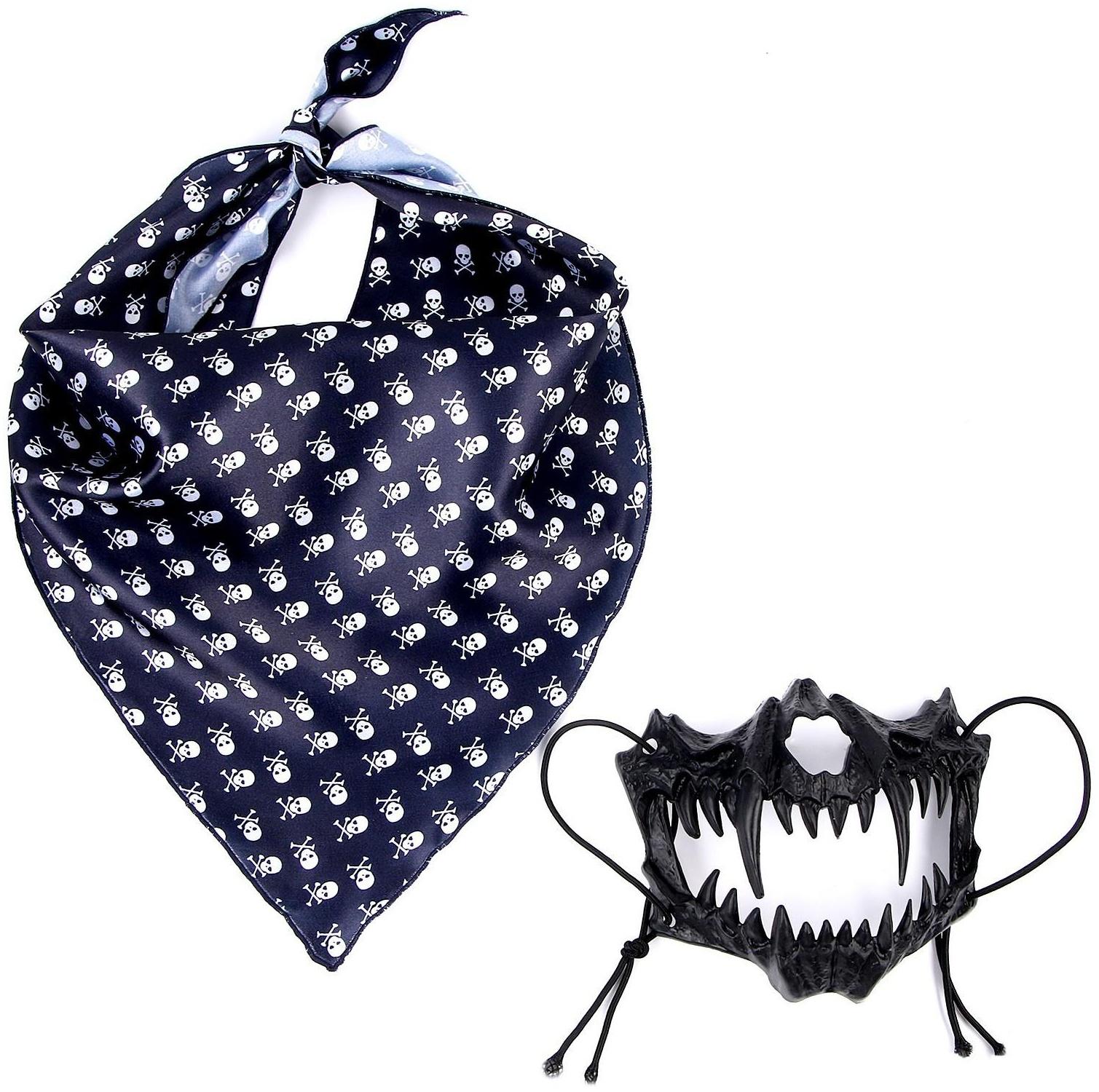 Карнавальный Набор:бандана с черепами,маска челюсти,латекс черная,т.наклейка