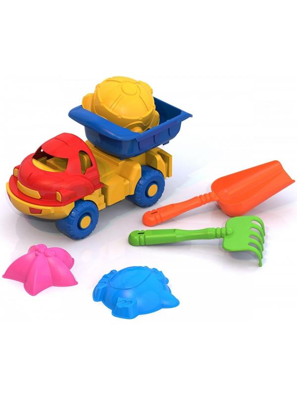 Набор для игры в песке №26: грузовик, 3 формочки, грабли, совок