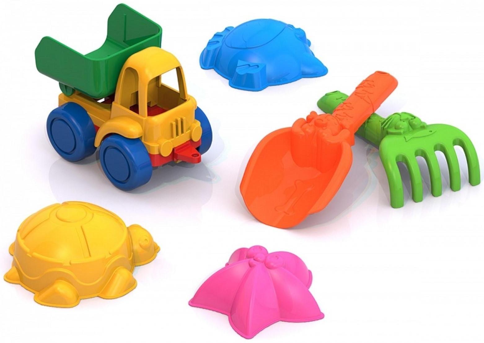 Набор для игры в песке №41: грузовик, 3 формочки, грабли, совок