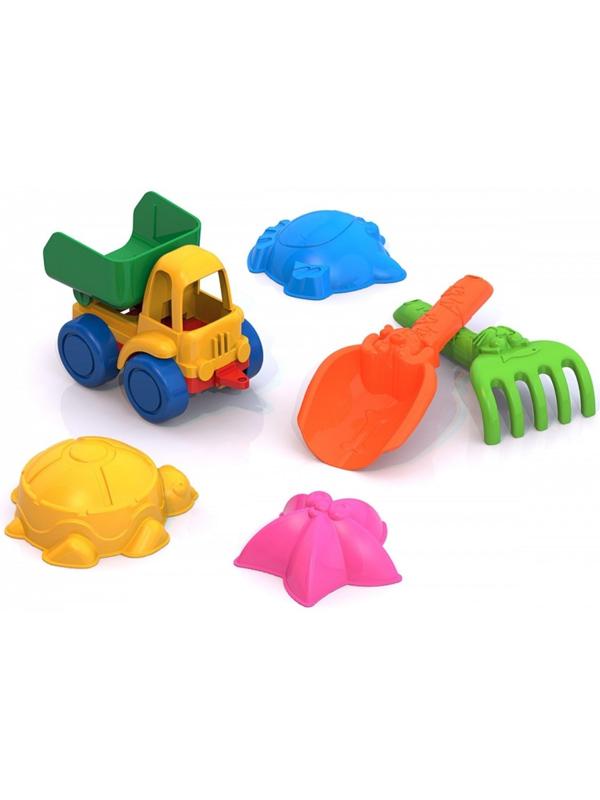 Набор для игры в песке №41: грузовик, 3 формочки, грабли, совок