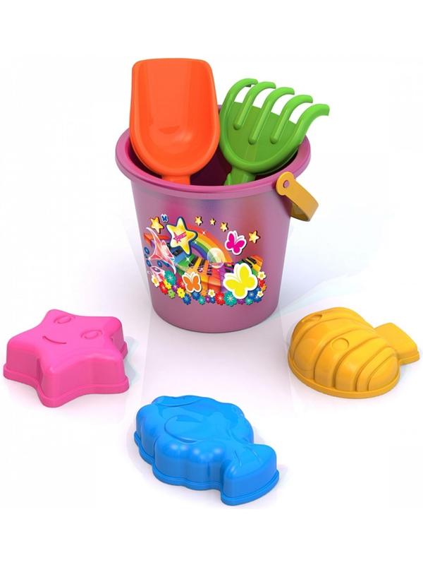 Набор для игры в песке №92: 3 формочки, ведро, грабли, совок