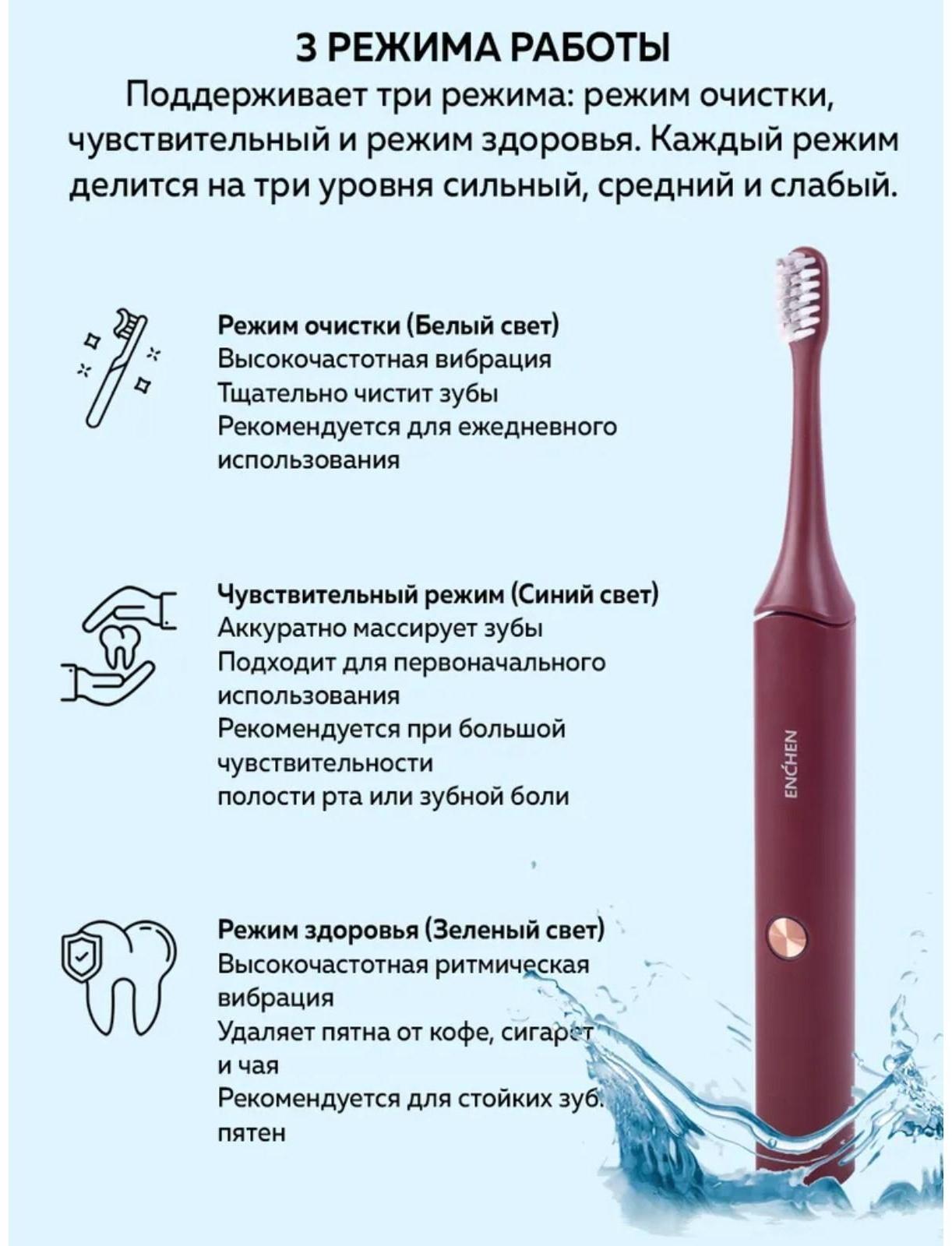 Электрическая зубная щетка Enchen Aurora T+, звуковая, 40000 дв/мин, 1 насадка, красная