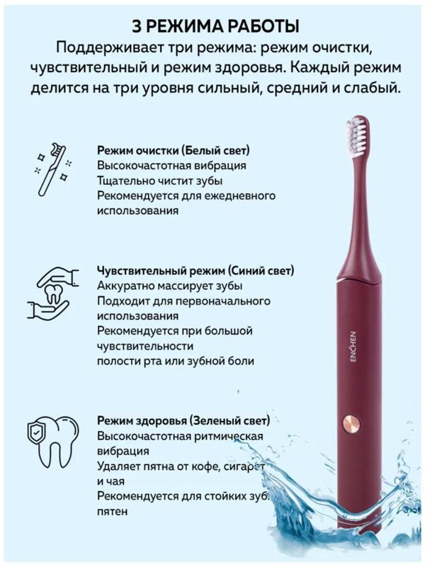 Электрическая зубная щетка Enchen Aurora T+, звуковая, 40000 дв/мин, 1 насадка, красная