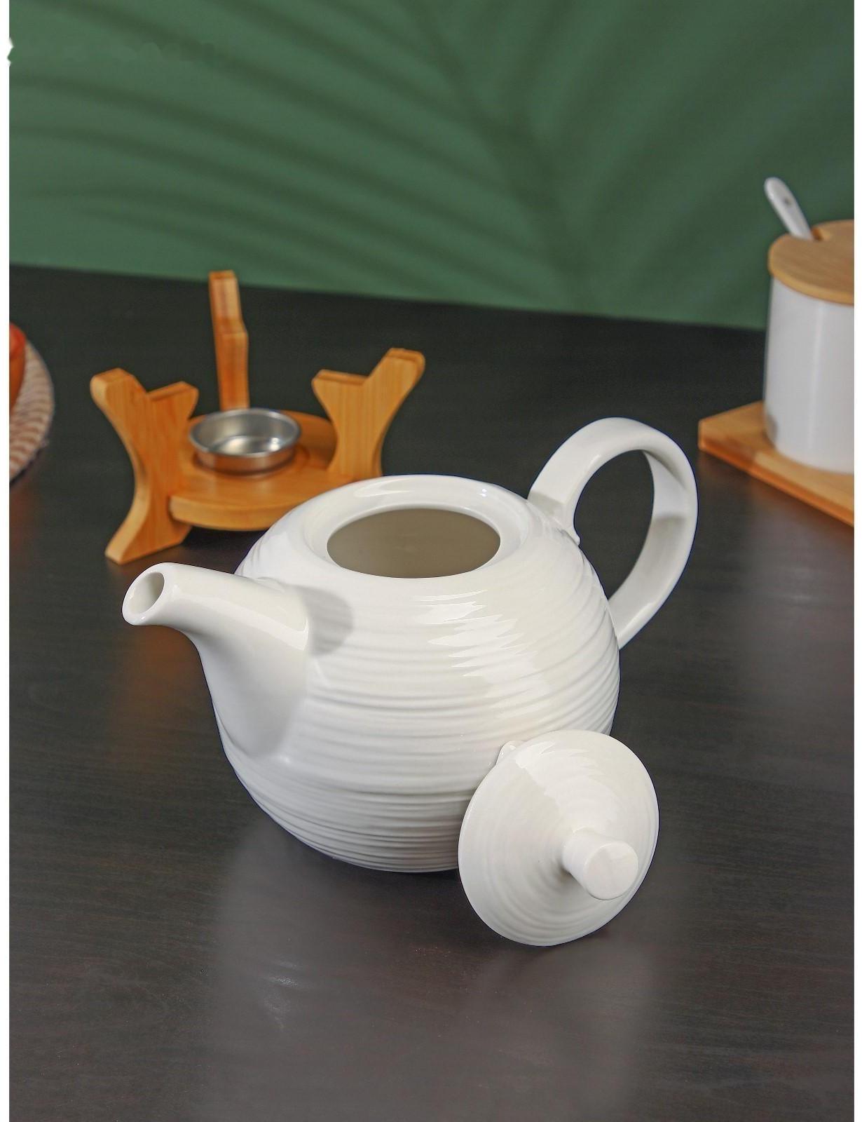 Чайник фарфоровый заварочный с подогревом на деревянной подставке BellaTenero «Полосы», 850 мл, цвет белый