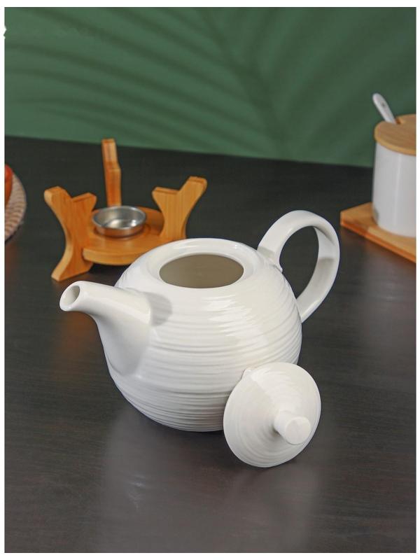 Чайник фарфоровый заварочный с подогревом на деревянной подставке BellaTenero «Полосы», 850 мл, цвет белый