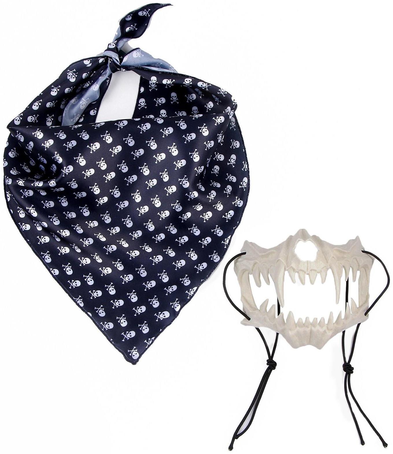 Карнавальный Набор:бандана с черепами,маска челюсти латекс, белая,т.наклейка