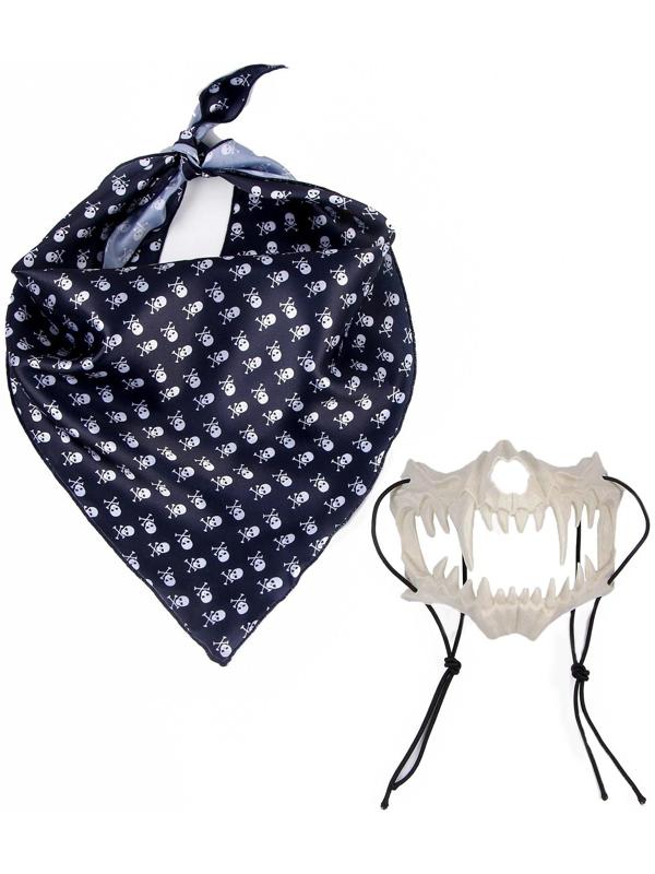 Карнавальный Набор:бандана с черепами,маска челюсти латекс, белая,т.наклейка