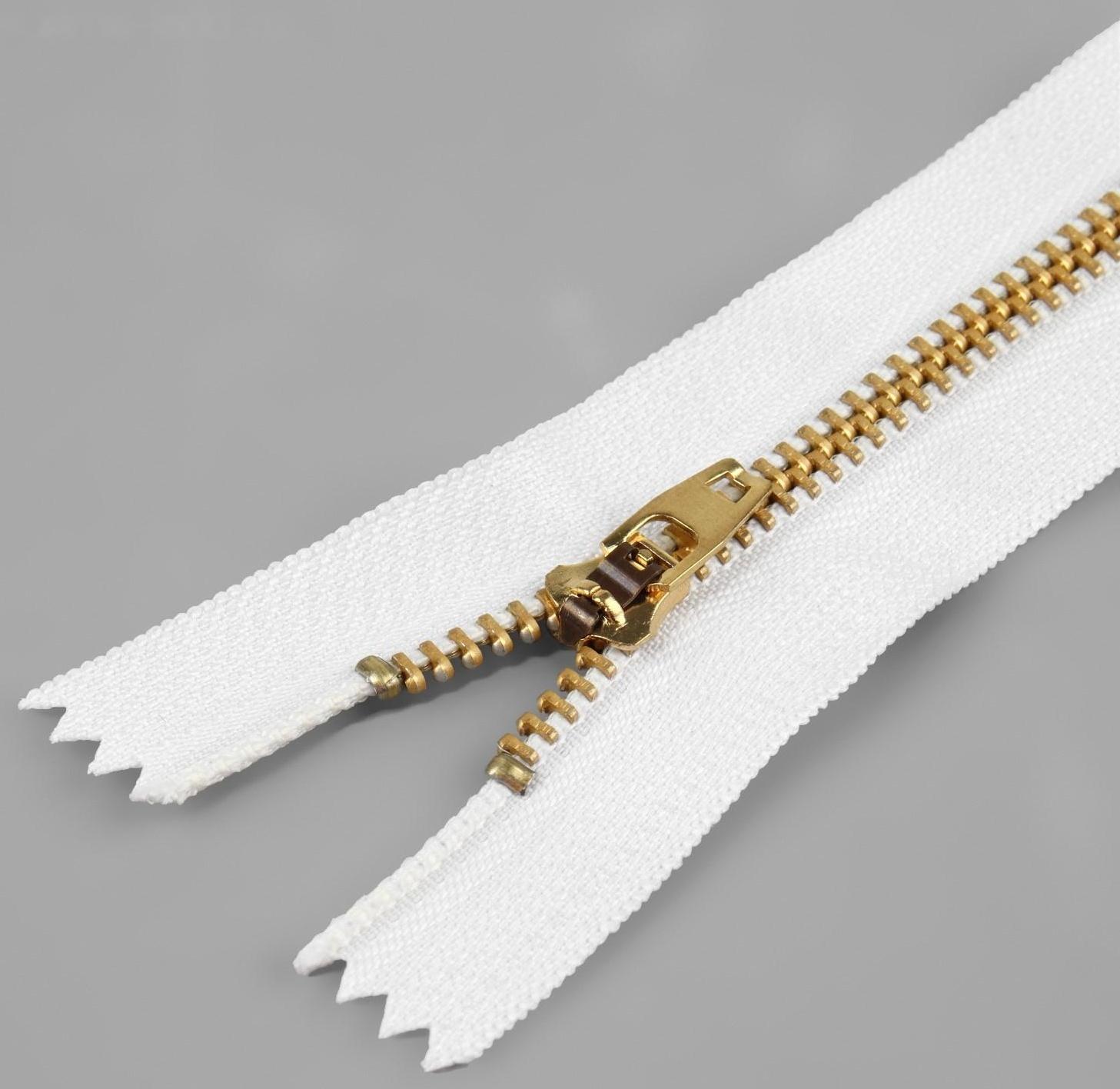 Молния металлическая, №4, неразъёмная, замок автомат, 14 см, цвет белый/золотой