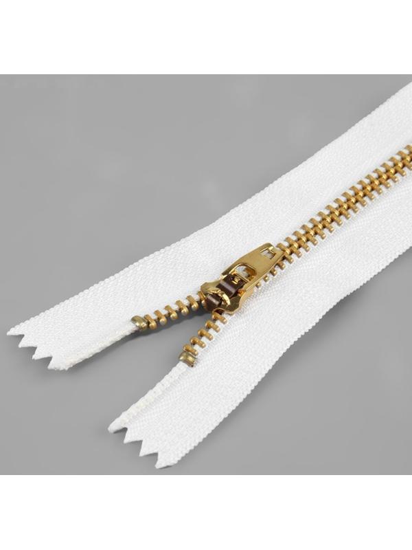 Молния металлическая, №4, неразъёмная, замок автомат, 14 см, цвет белый/золотой