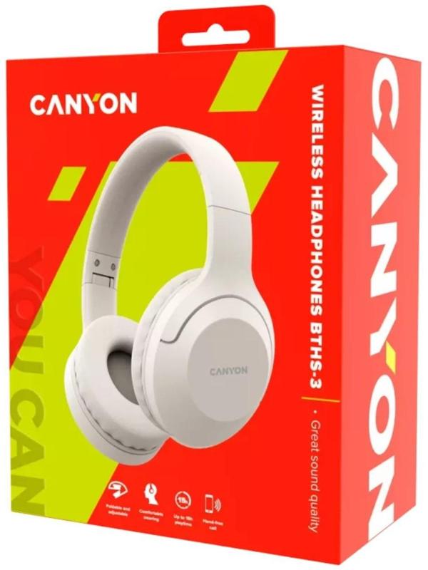 Наушники Canyon CNS-CBTHS3BE, полноразмерные, микрофон, BT 5.1, 300 мАч, бежевые