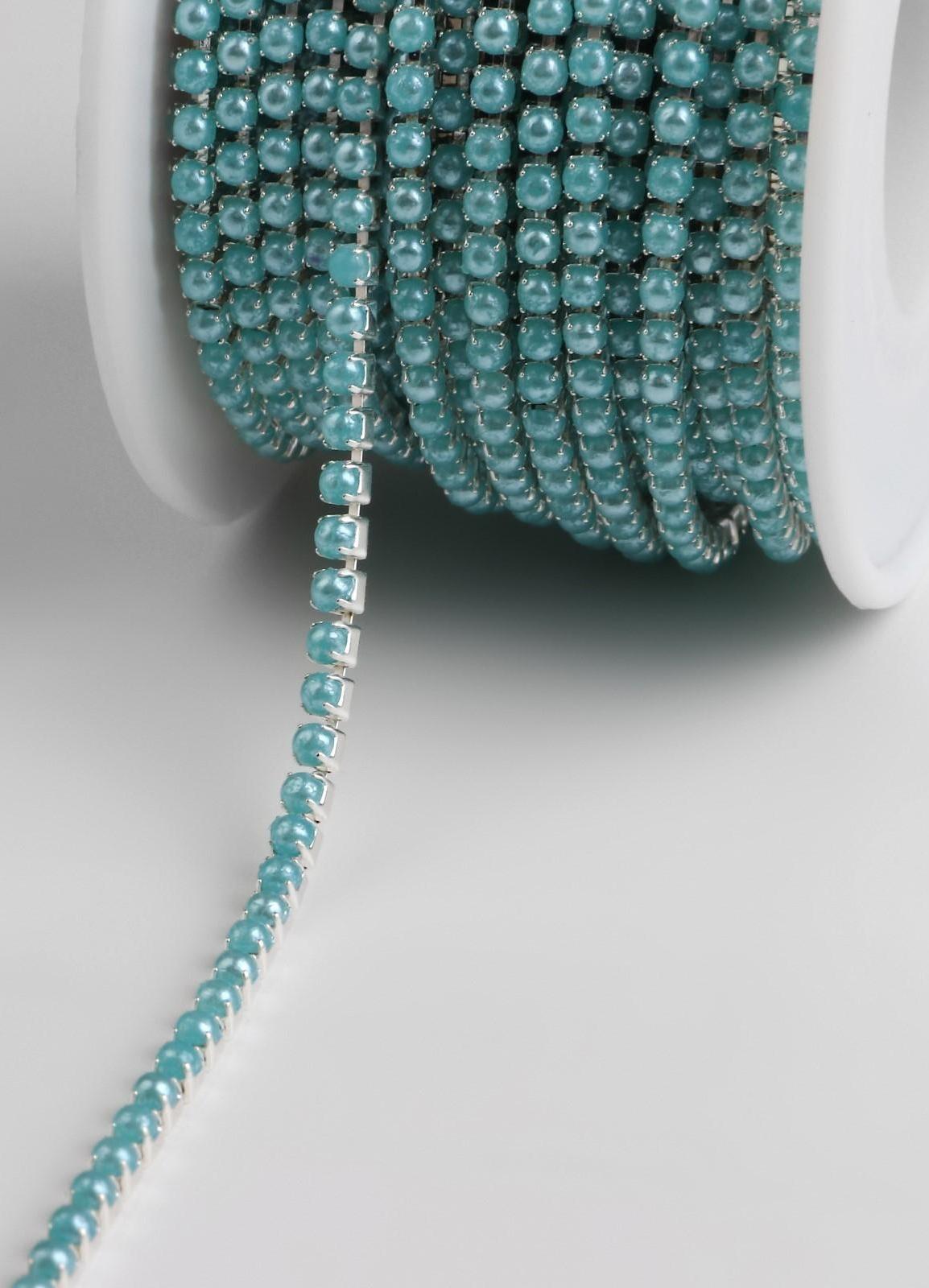 Цепь с жемчугом, 2 мм, SS6, 9 ± 1 м, цвет бирюзовый