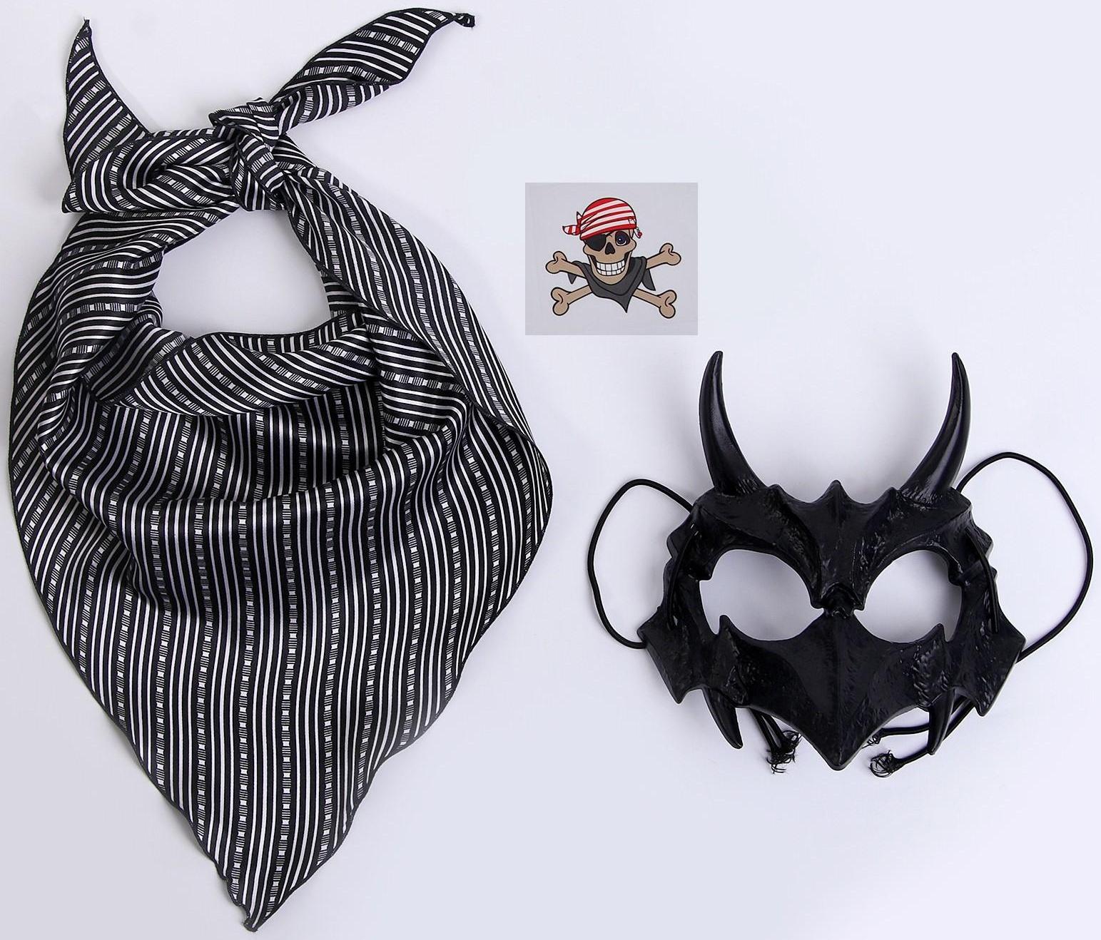 Карнавальный Набор:бандана в полоску,,маска с рогами латекс черная,т.наклейка
