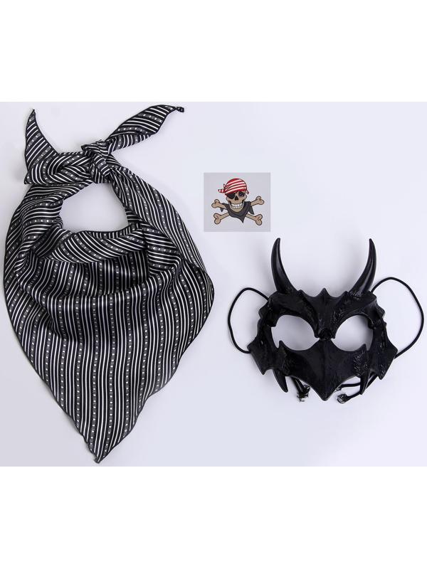 Карнавальный Набор:бандана в полоску,,маска с рогами латекс черная,т.наклейка
