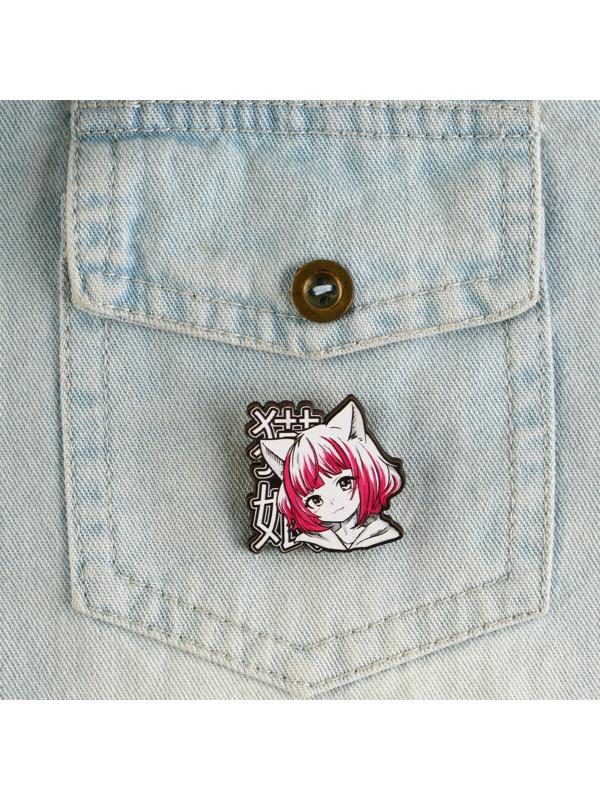 Значок деревянный «Девочка котик», аниме, 3,3 х 3,3 см