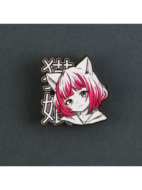 Значок деревянный «Девочка котик», аниме, 3,3 х 3,3 см