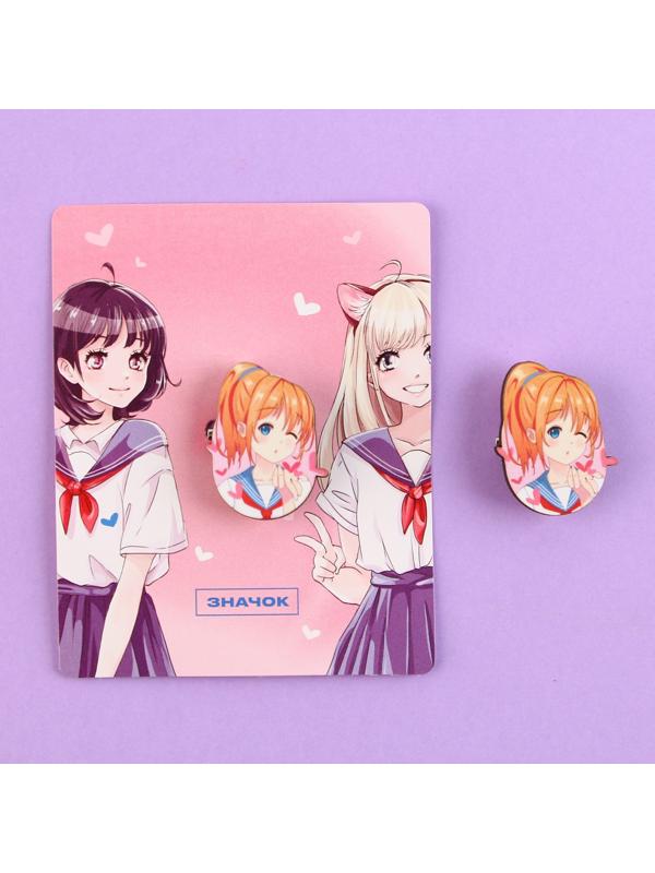 Значок деревянный «Школьницы», аниме, 2,6 х 3,3 см