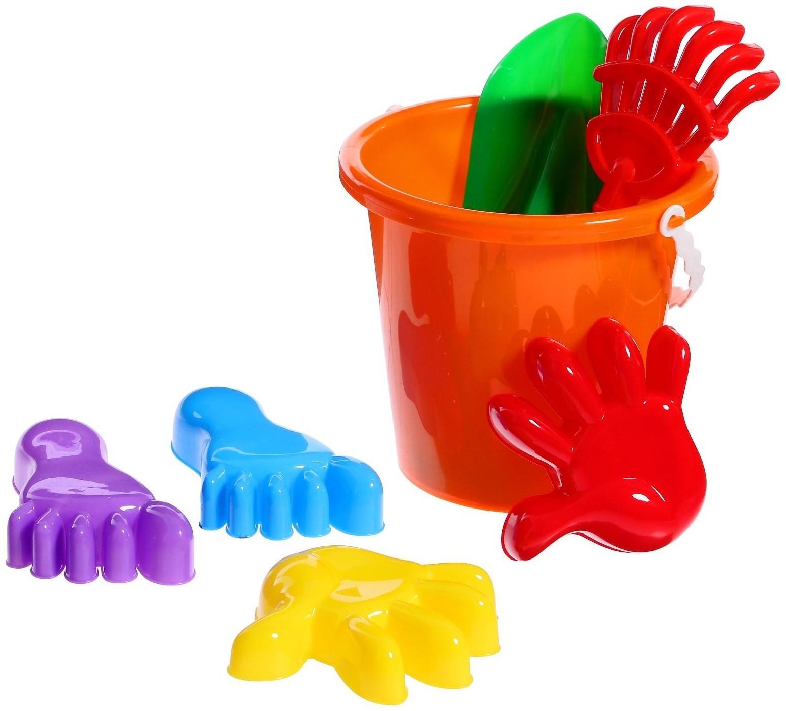 Набор для игры в песке №20: ведро большое, совок, грабли, 4 формочки
