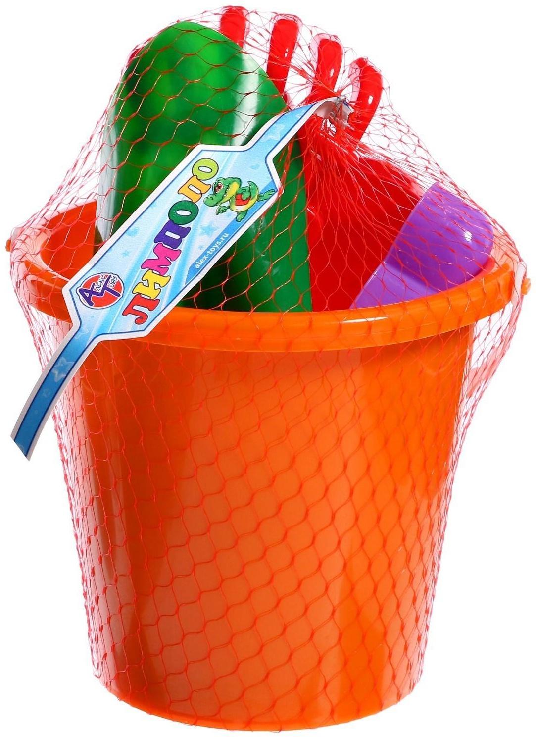 Набор для игры в песке №20: ведро большое, совок, грабли, 4 формочки