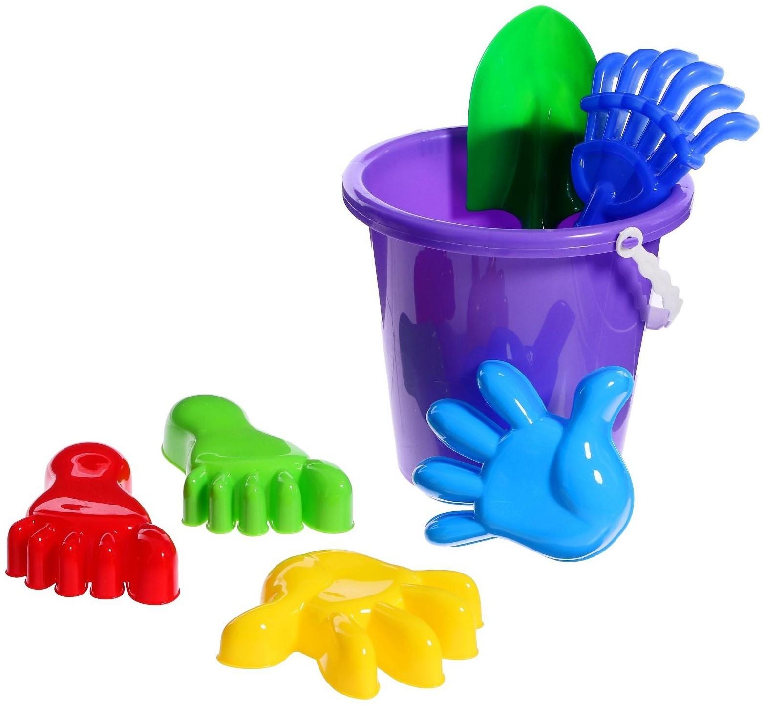 Набор для игры в песке №20: ведро большое, совок, грабли, 4 формочки