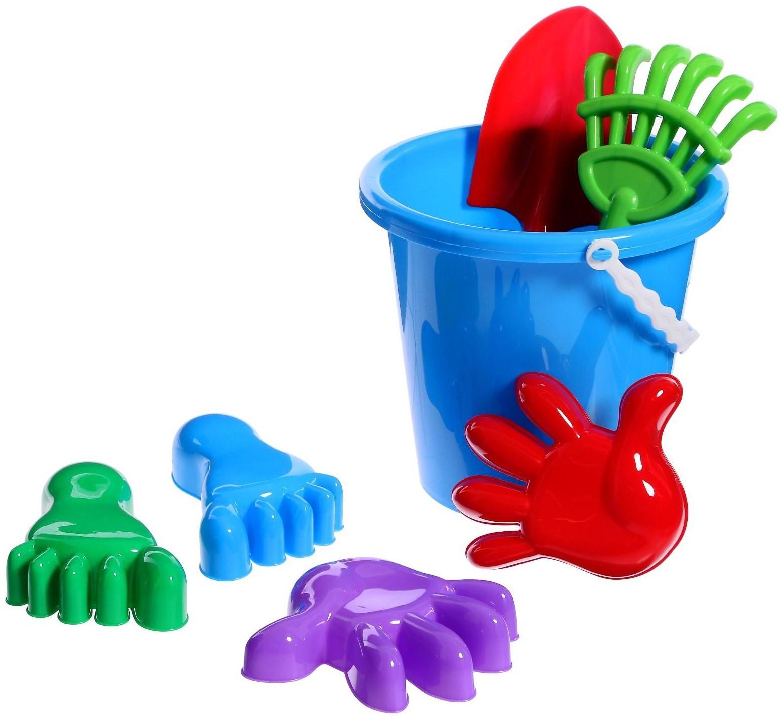 Набор для игры в песке №20: ведро большое, совок, грабли, 4 формочки