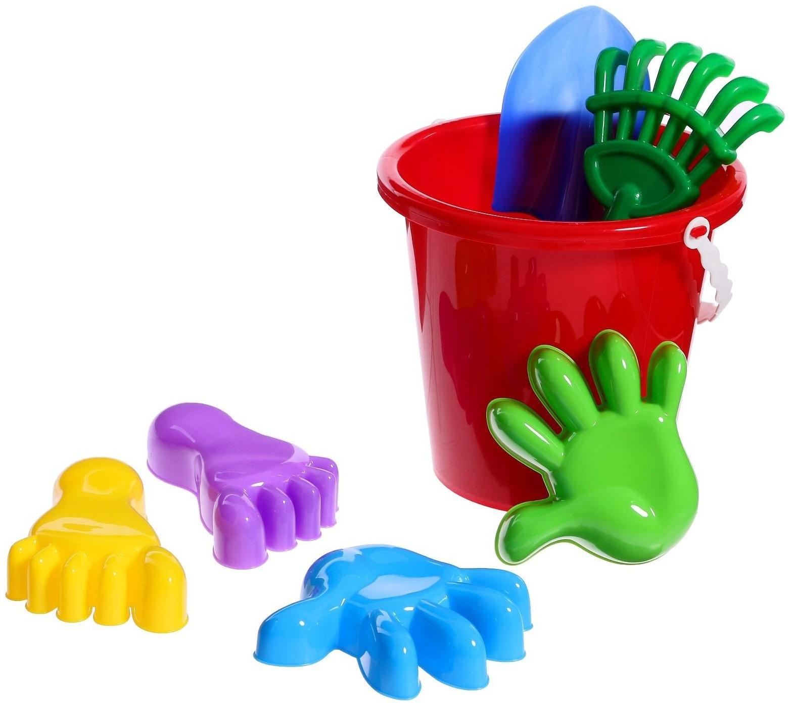 Набор для игры в песке №20: ведро большое, совок, грабли, 4 формочки