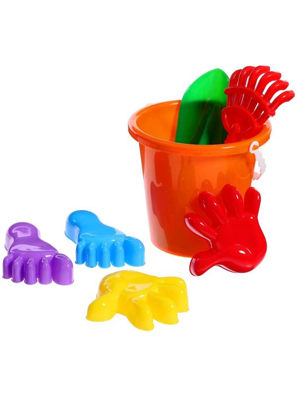 Набор для игры в песке №20: ведро большое, совок, грабли, 4 формочки