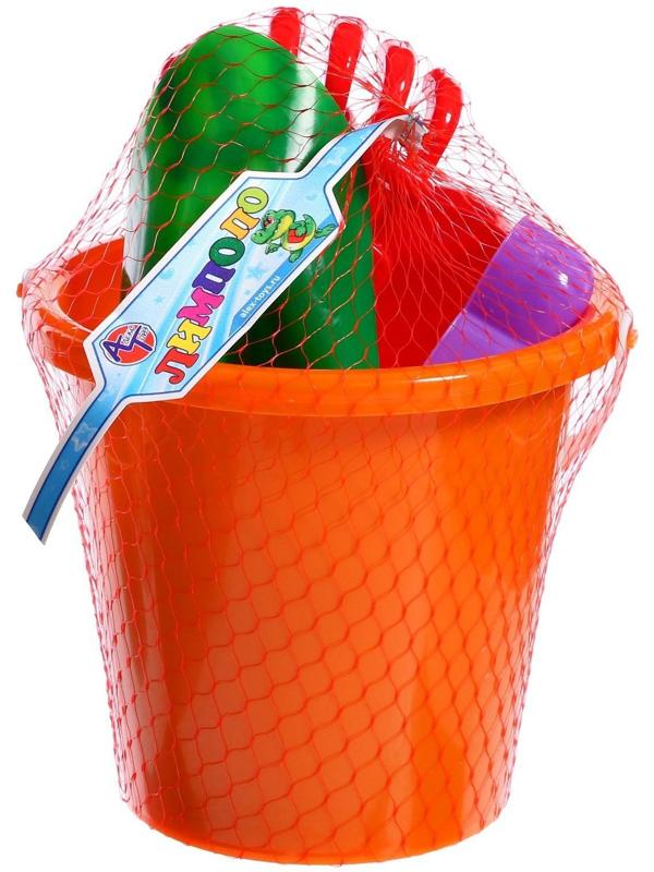 Набор для игры в песке №20: ведро большое, совок, грабли, 4 формочки