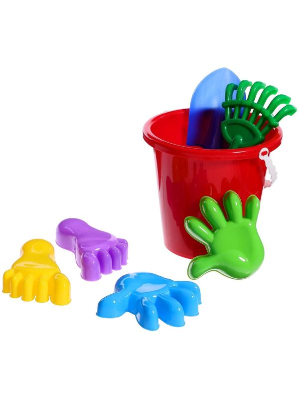 Набор для игры в песке №20: ведро большое, совок, грабли, 4 формочки