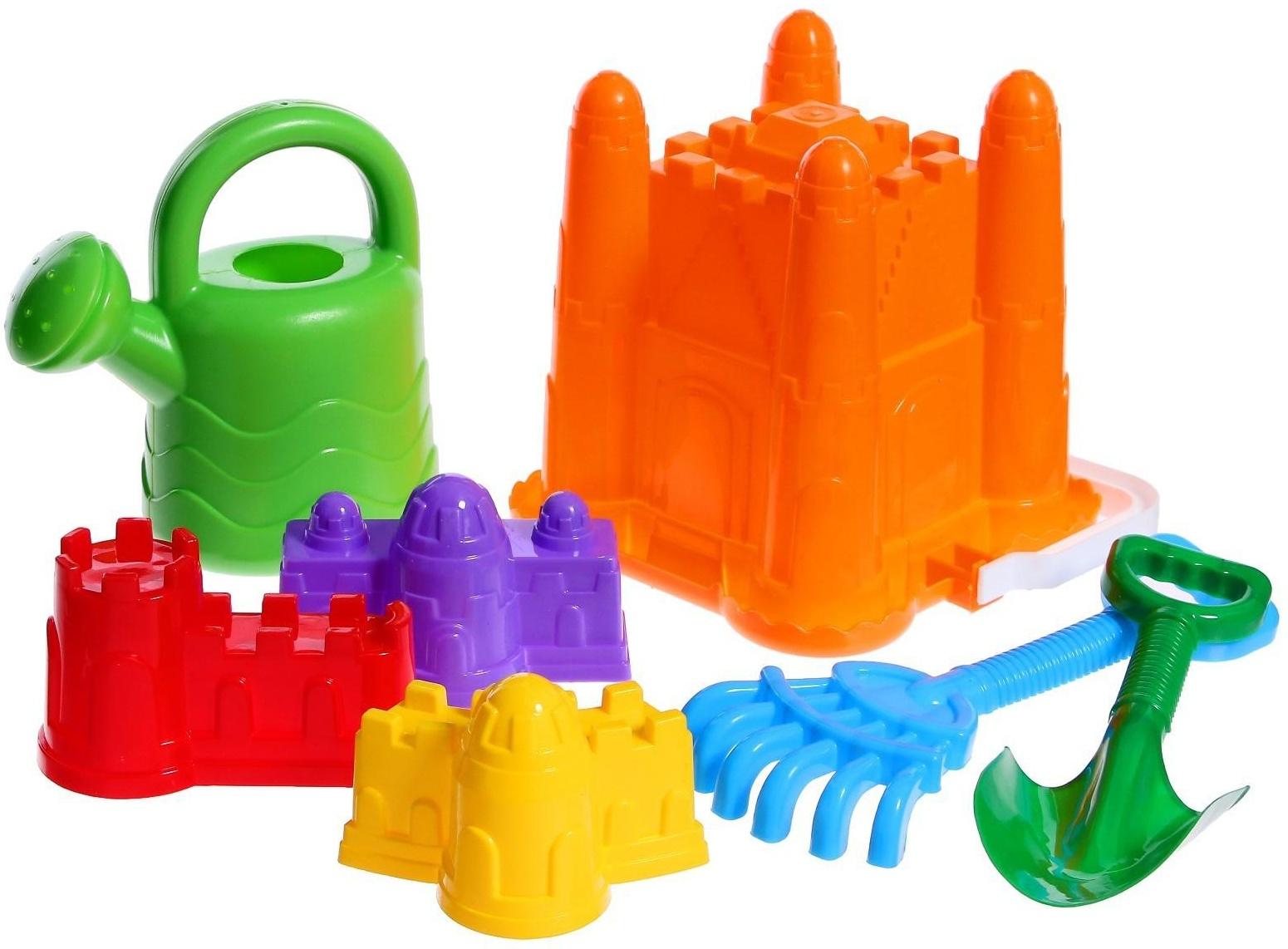 Набор для игры в песке №29: ведро-крепость, совок, грабли, 3 формочки, лейка