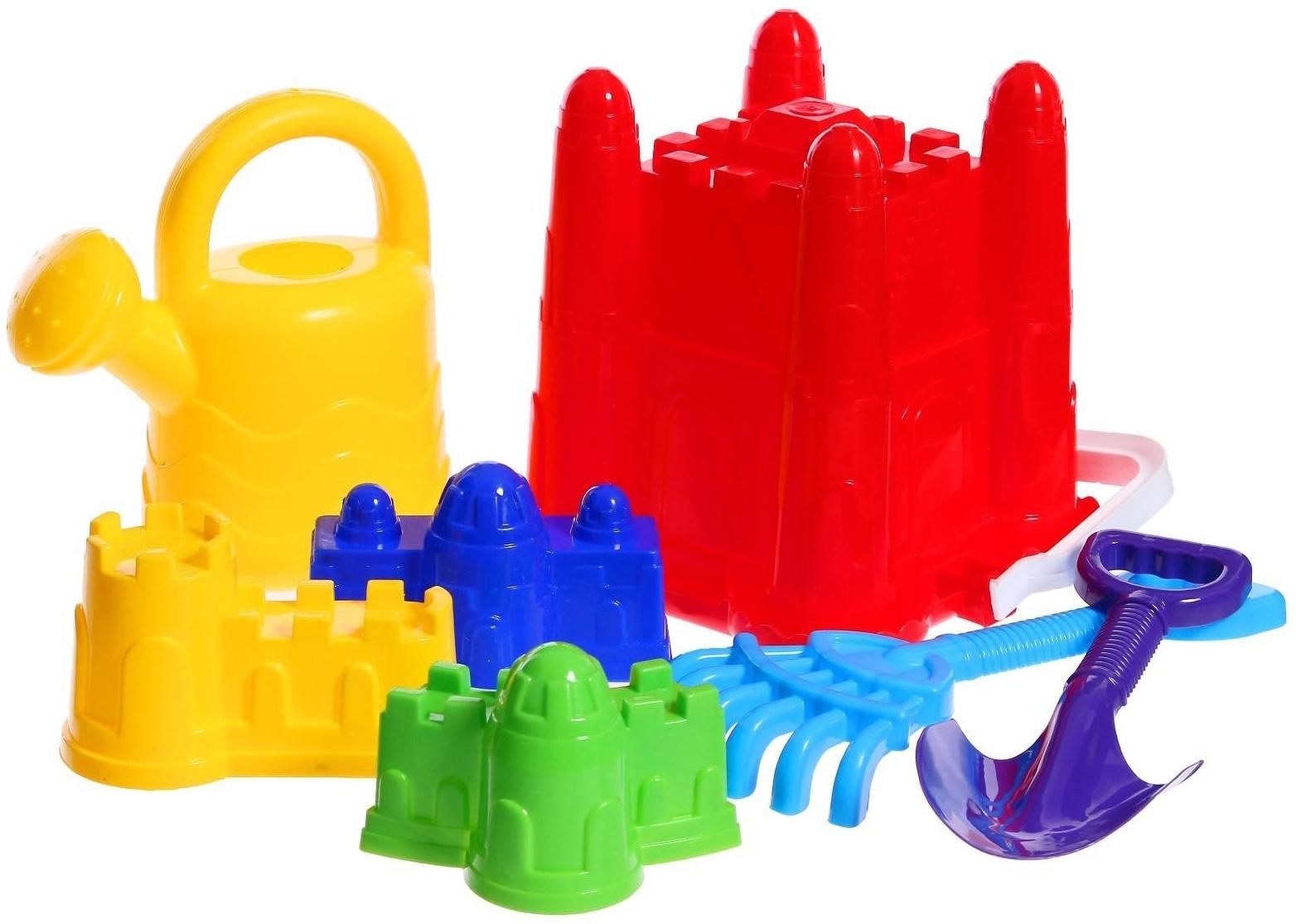 Набор для игры в песке №29: ведро-крепость, совок, грабли, 3 формочки, лейка