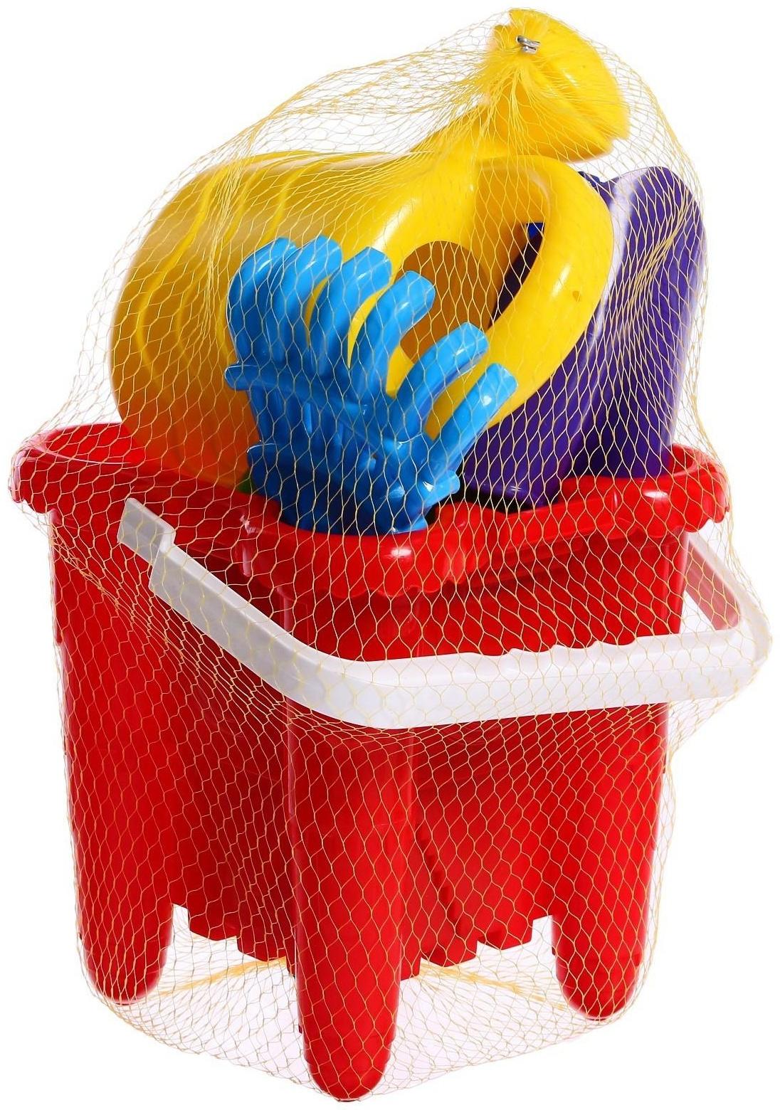 Набор для игры в песке №29: ведро-крепость, совок, грабли, 3 формочки, лейка