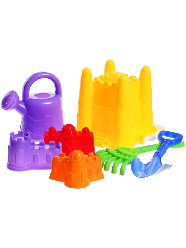 Набор для игры в песке №29: ведро-крепость, совок, грабли, 3 формочки, лейка