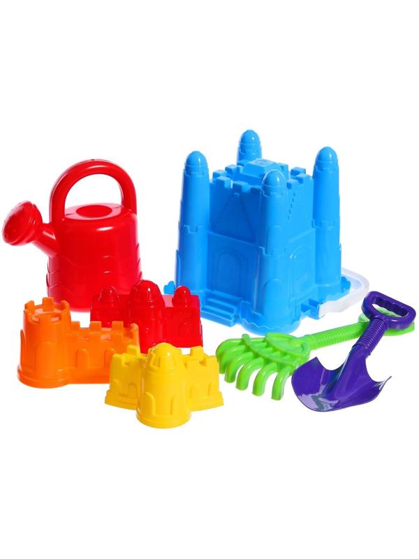 Набор для игры в песке №29: ведро-крепость, совок, грабли, 3 формочки, лейка