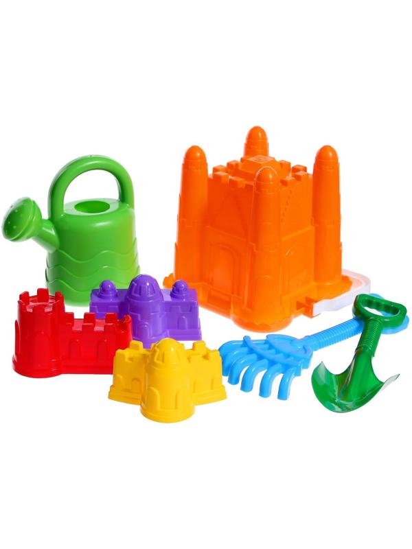 Набор для игры в песке №29: ведро-крепость, совок, грабли, 3 формочки, лейка