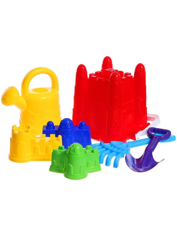 Набор для игры в песке №29: ведро-крепость, совок, грабли, 3 формочки, лейка