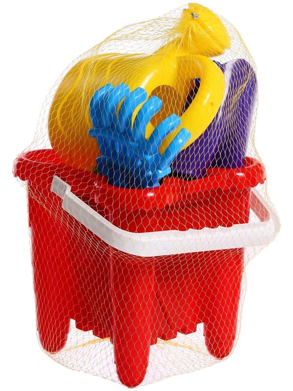 Набор для игры в песке №29: ведро-крепость, совок, грабли, 3 формочки, лейка